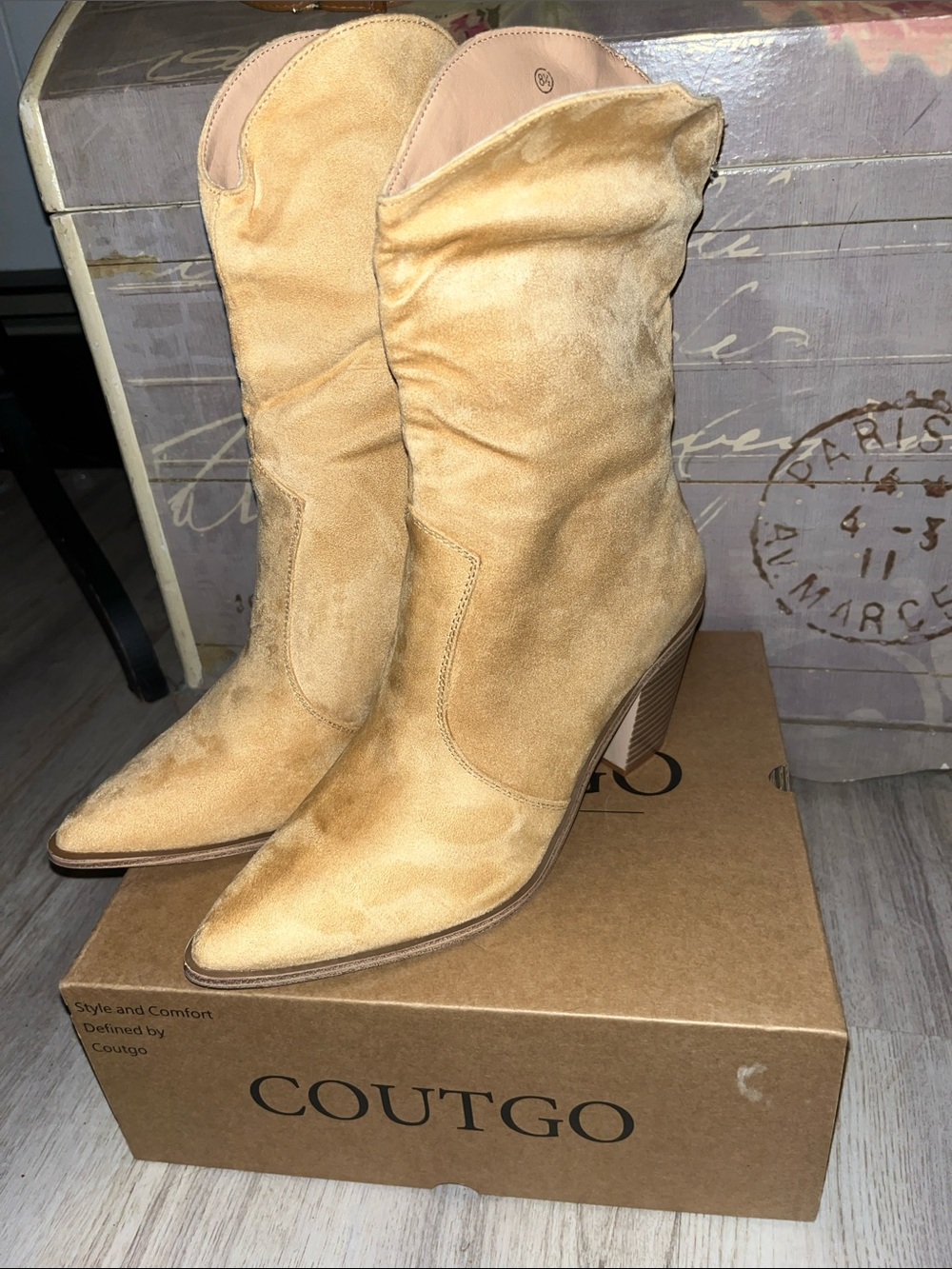 Coutgo Women's Tan Suede Pointed Toe Western Block Heel Boots - Picture 6 of 9